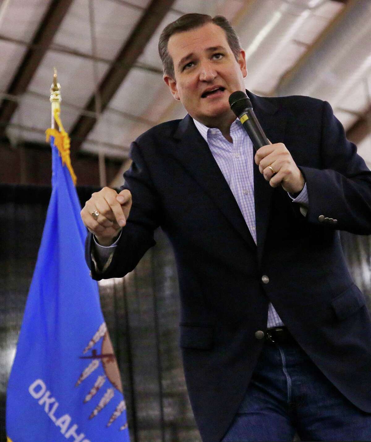 Republican presidential candidate, Sen. Ted Cruz, R-Texas, gestures as he speaks to a rally in Tulsa, Okla., Sunday, Feb. 28, 2016. (AP Photo/Sue Ogrocki)
