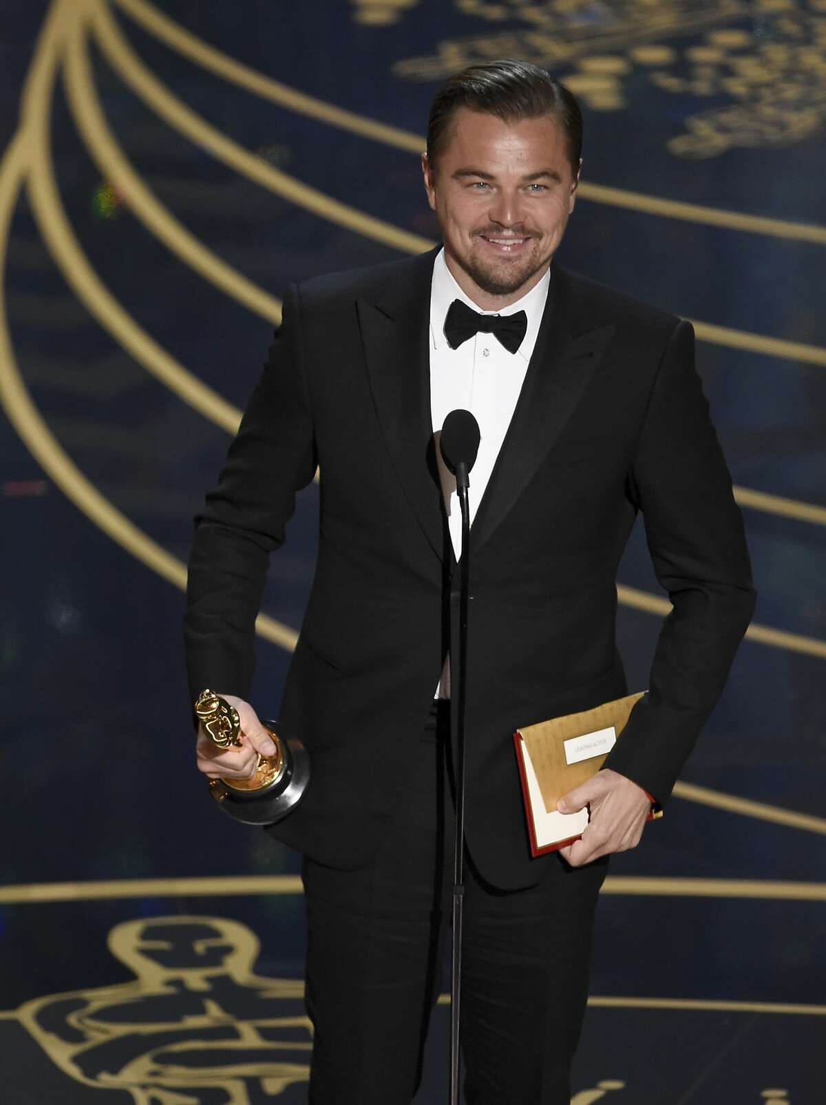 Leonardo DiCaprio accepts the award for best actor in a leading role for “The Revenant” at the Oscars on Sunday, Feb. 28, 2016, at the Dolby Theatre in Los Angeles.