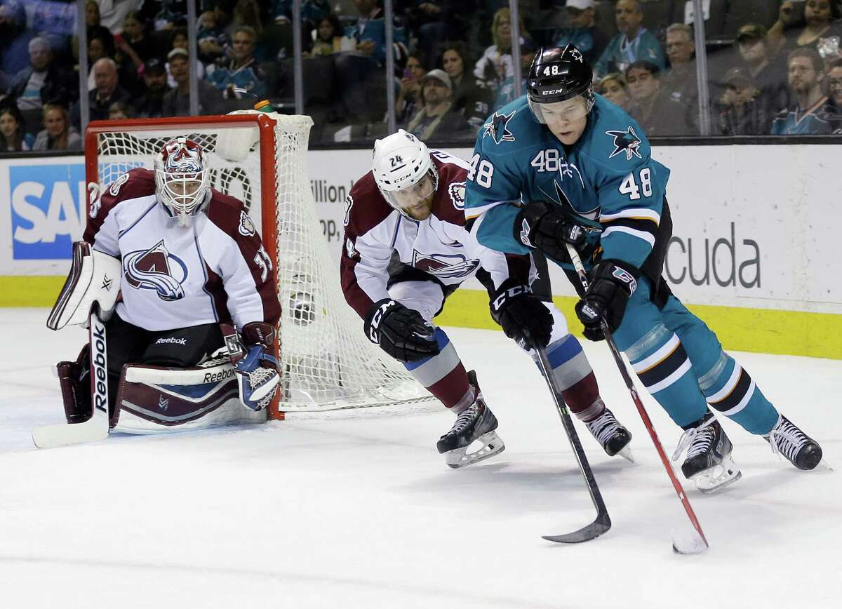 In this April 11, 2014 file photo, the Sharks' Tomas Hertl, right, is defended by Colorado Avalanche's Marc-Andre Cliche (24) as goalie Jean-Sebastien Giguere, left, watches in San Jose, Calif. Cliche will join the Sound Tigers after being acquired by the Islanders on Monday.