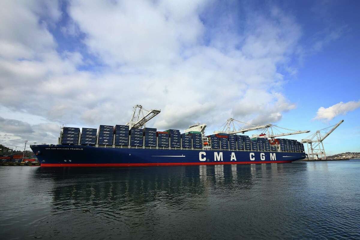 The CMA CGM Benjamin Franklin, the largest container ship ever to call on a U.S. port, arrived to Seattle's Terminal 18 on Monday, Feb. 29, 2016. The vessel is 1,300 feet long, 177 feet wide, 197 feet high and can carry up to 18,000 containers. It is scheduled to leave Tuesday morning for China.