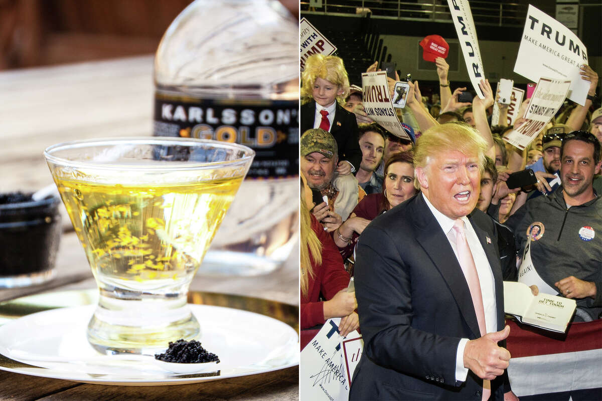 Trumptini  A rich blend of Karlsson's Gold Vodka and vermouth dusted in gold flakes, served in a martini glass and accompanied by a gold-rimmed plate of caviar. Trust us, it's a winner. Many people have said it’s the best drink they've ever had. Absolutely no foreign ingredients.