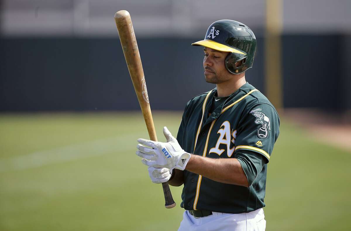 Coco Crisp gets ready to bat during an intra-squad game at the Oakland Athletics spring training workouts on Monday, Feb. 29, 2016, in Mesa, Ariz.