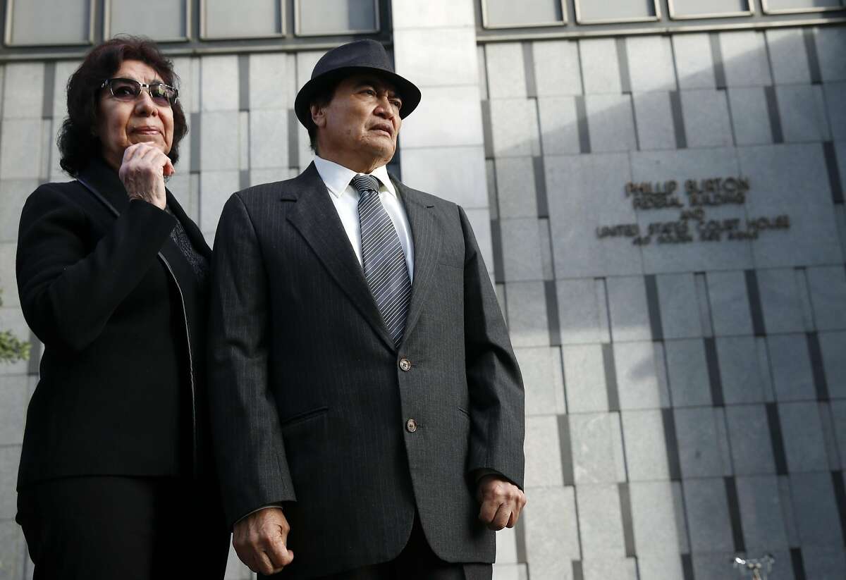 Elvira and Refugio Nieto are introduced in front of the Phillip Burton Federal Building to supporters at a rally demanding justice for their son Alex in San Francisco, Calif. on Tuesday, March 1, 2016. Jury selection and opening arguments were scheduled to get underway Tuesday in a federal civil rights trial against four police officers who shot and killed Alex Nieto in Bernal Heights Park nearly two years ago.