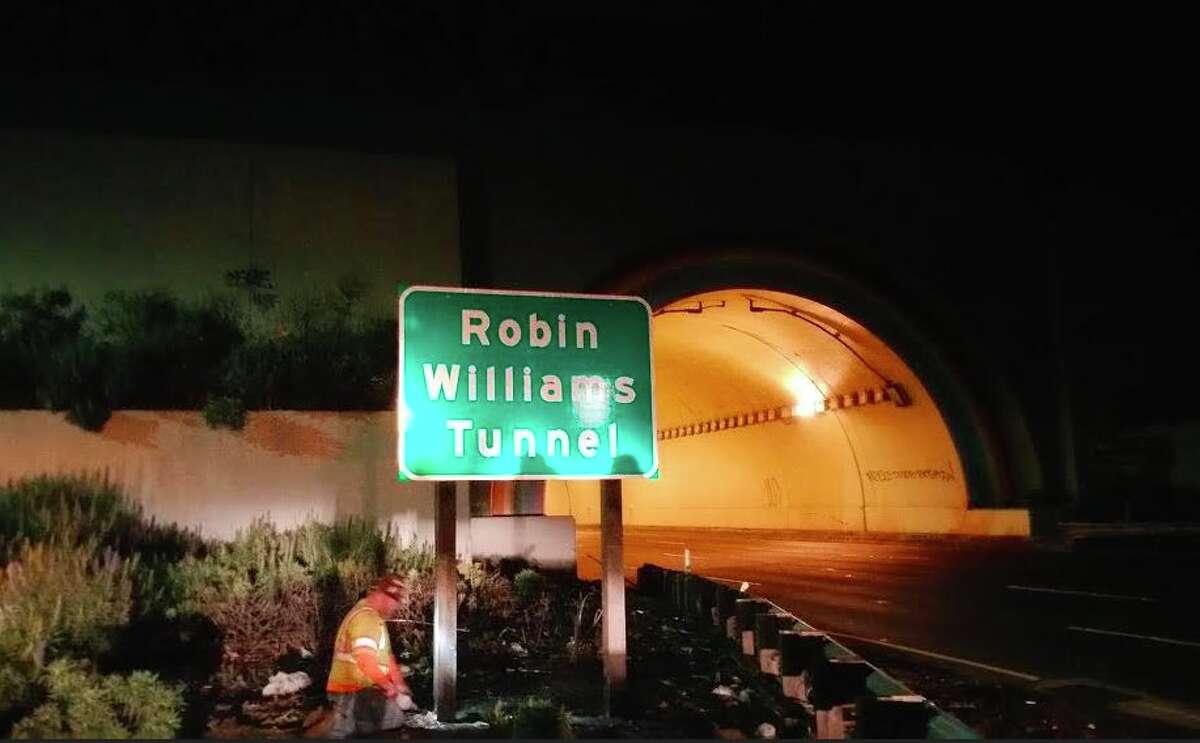The new Robin Williams Tunnel sign was installed February 29 at the site of the tunnel connecting the Golden Gate Bridge to Marin County. The tunnel was previously only unofficially known as the Waldo Tunnel. (Photo courtesy Andrew Payne.)