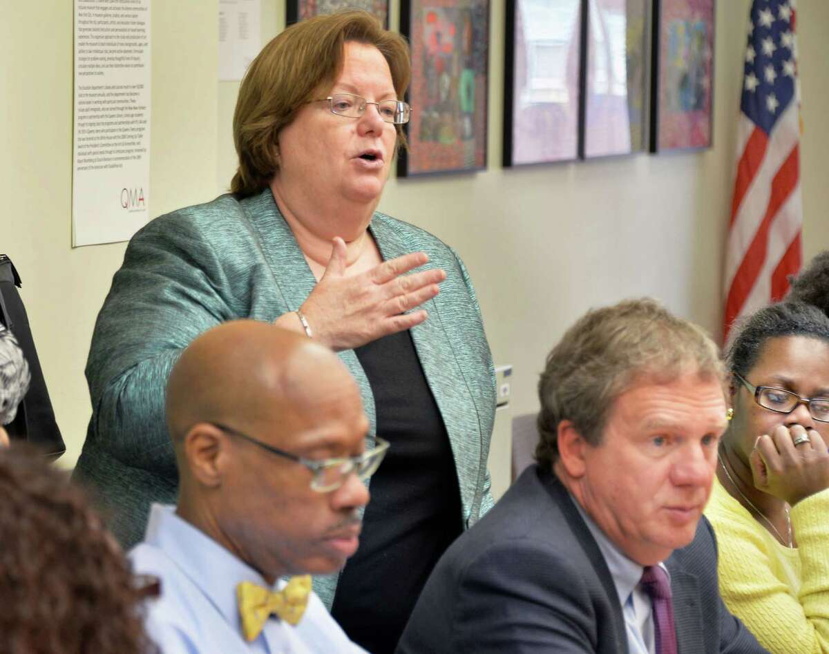 Assembly's Committee on Education chair Catherine Nolan, top, speaks during a press briefing on receivership of struggling schools at the Capitol Tuesday March 1, 2016 in Albany, NY. (John Carl D'Annibale / Times Union)