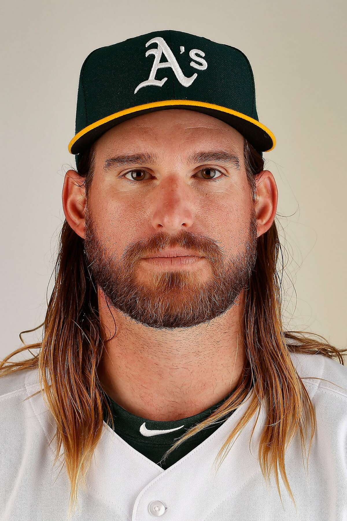 Bryan Anderson of the Oakland Athletics poses for a portrait during the spring training photo day at HoHoKam Stadium on February 29, 2016 in Mesa, Arizona.
