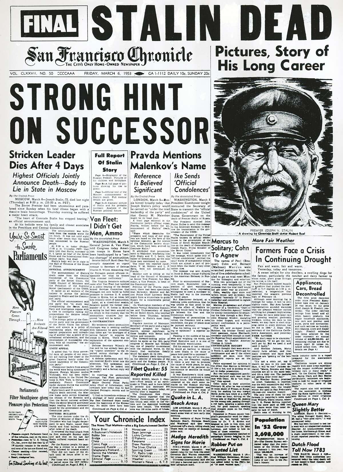 The Chronicle's front page from March 6, 1953, announces the death of Joseph V. Stalin.