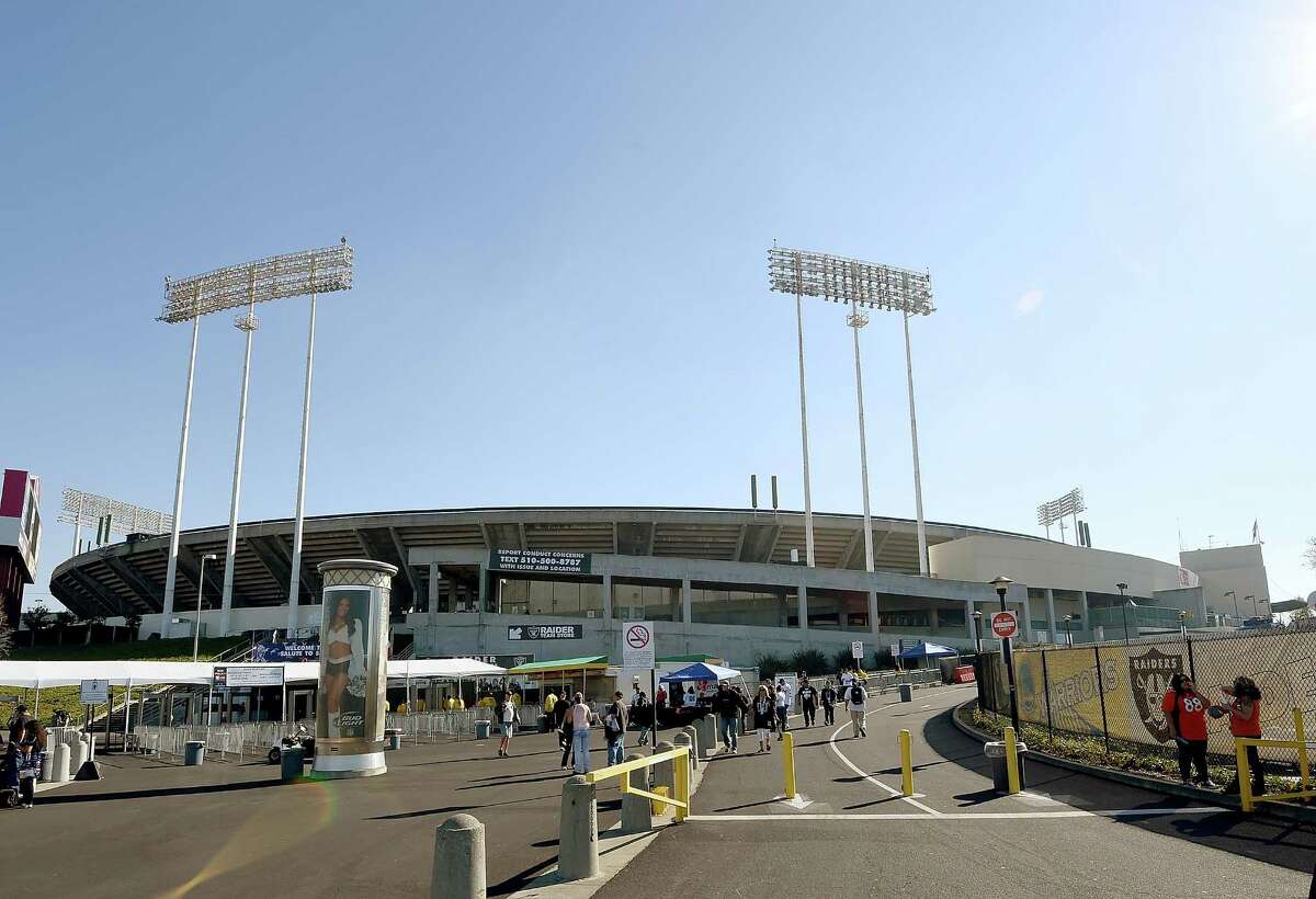 OAKLAND, CA - NOVEMBER 09: A general view of the exterior of the O.co Coliseum prior to the start of an NFL football game between the Denver Broncos and Oakland Raiders on November 9, 2014 in Oakland, California.