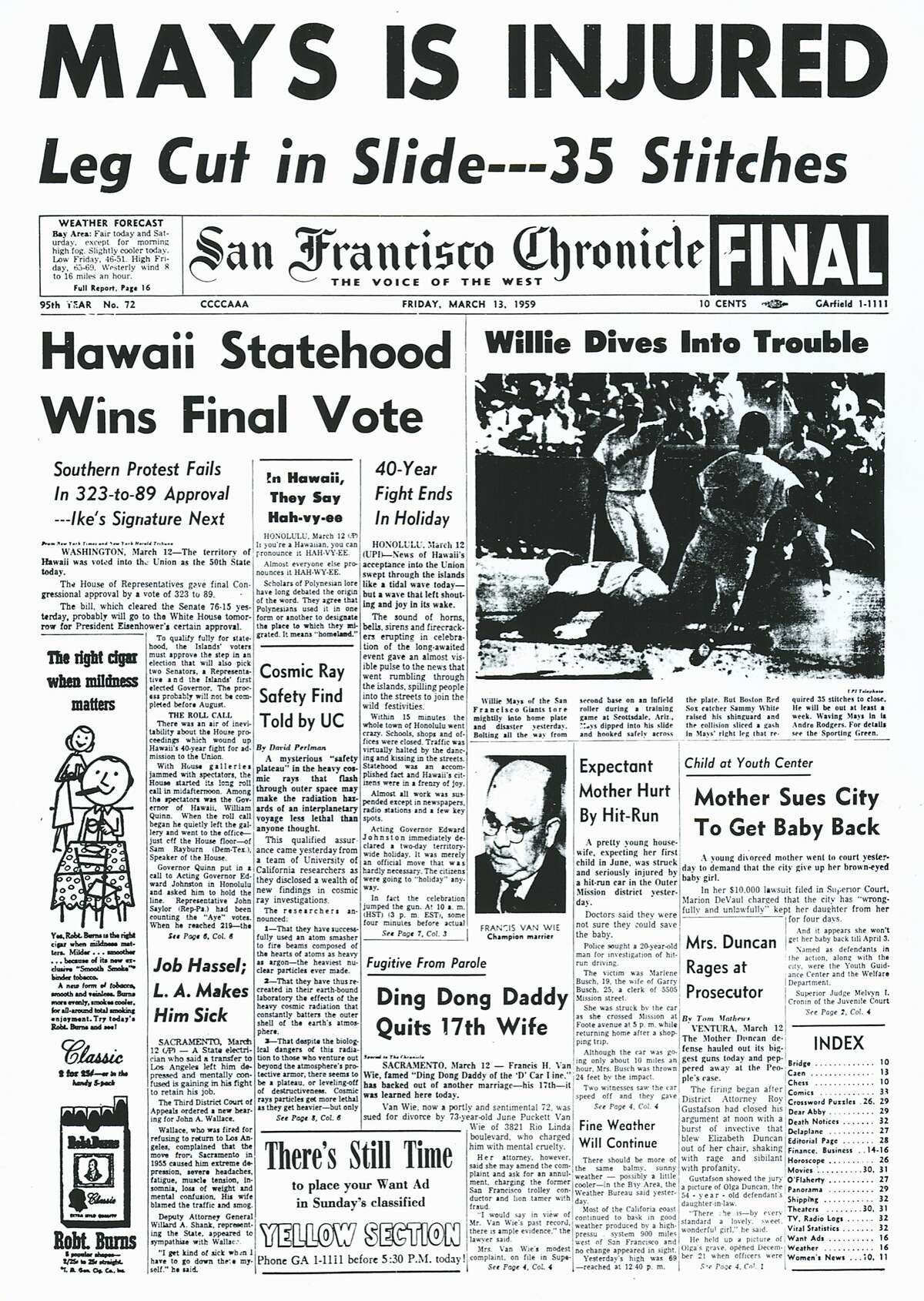 The Chronicle's front page from March 13, 1959, covers Hawaii gaining statehood and Willie Mays getting injured.