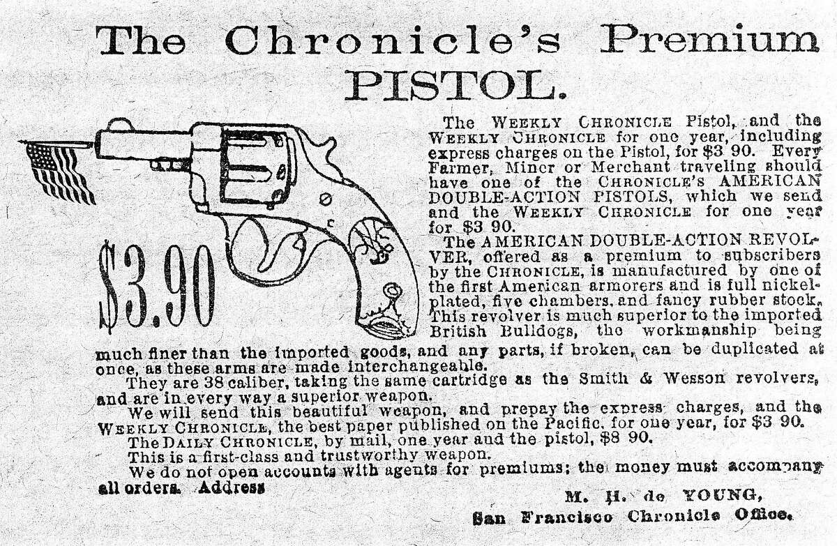 On March 1, 1887, The San Francisco Chronicle ran this advertisement for the Chronicle's Premium Pistol - free with a weekly subscription.