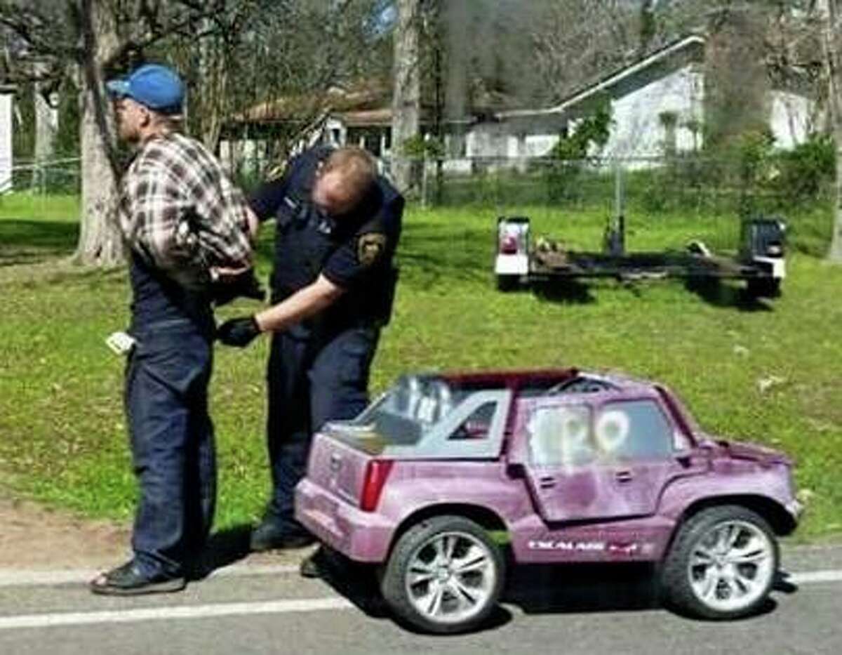 A 26-year-old East Texas man couldn't put up much of a chase, even if he wanted to, when he was pulled over for alleged credit card theft in his pink Power Wheel Cadillac Escalade, which tops out at about 5 mph.