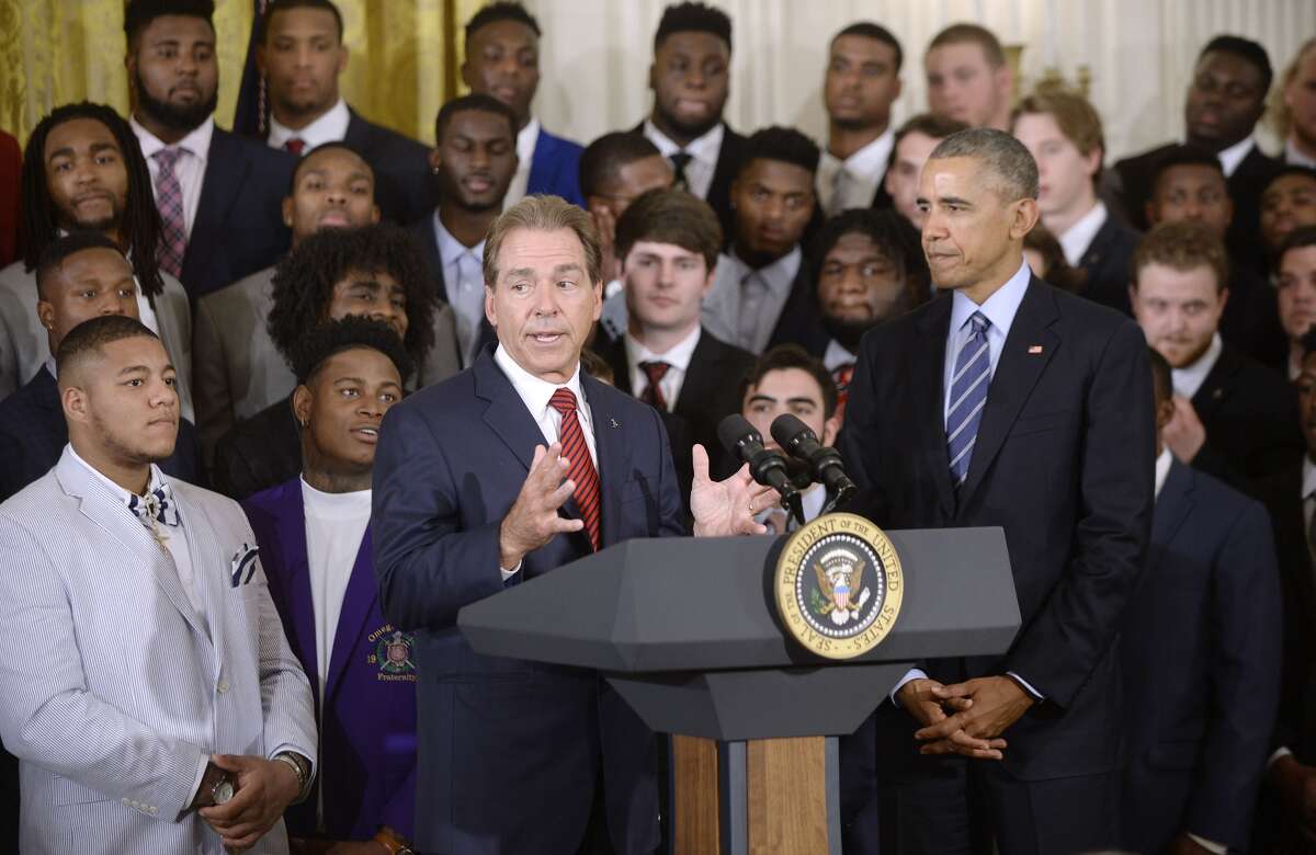 Alabama coach Nick Saban meets with President Barack Obama during a ceremony with the national championship Crimson Tide team Wednesday in Washington. (Getty Images)