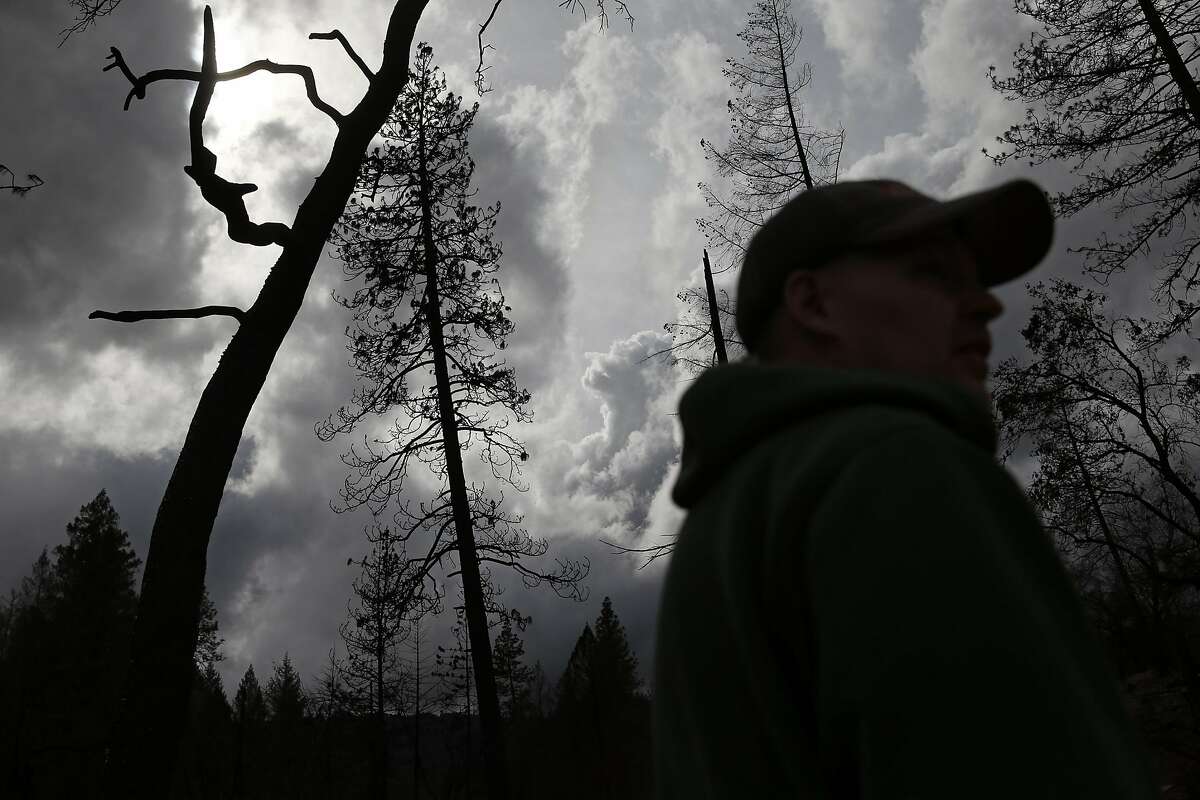 Daniel Laine pauses while working on his family's property in the aftermath of the Valley Fire in Anderson Springs, Calif., on Wednesday, March 2, 2016.
