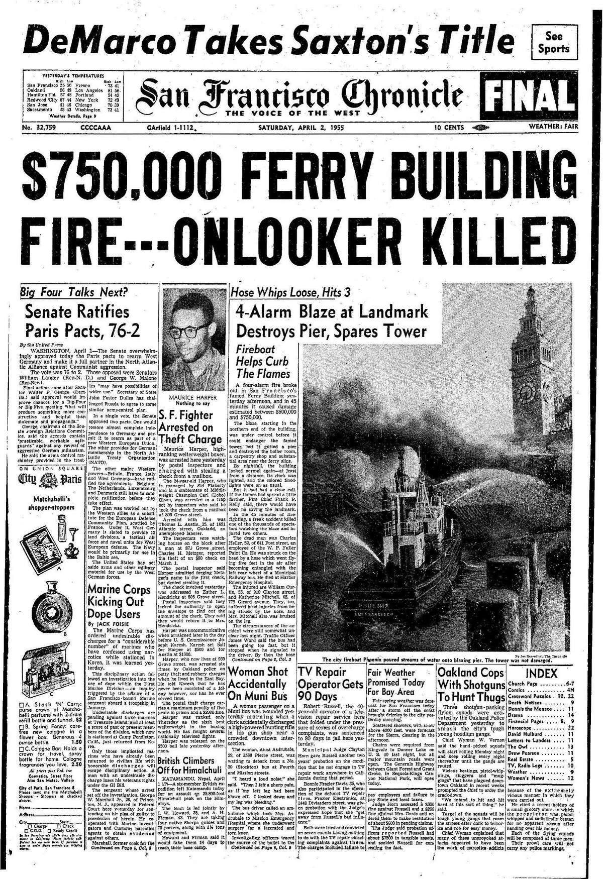 Historic Chronicle Front Page April 2, 1955 Massive fire at the Ferry Building in San Francisco Chron365, Chroncover