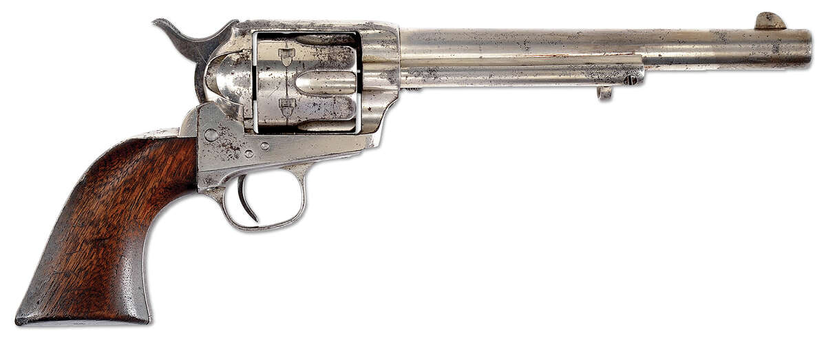 Bill’s rare Colt SA Army “Officer’s Model” Cavalry revolver is so-called because of the special nickel plate. It was ordered by the government and inspected by their inspector at the time, Henry Nettleton, and was one of the prizes of Bill’s collection. Estimated to bring $12,000-20,000.