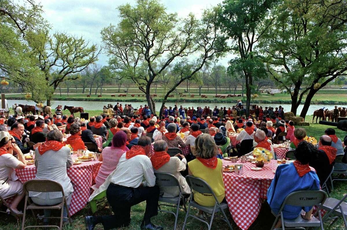 Top left, barbecue preparation during the Latin American Ambassadors Weekend at LBJ Ranch in 1967. Top right, President Lyndon B. Johnson, Mrs. Guillermo Sevilla-Sacasa and Nellie Connally in the barbecue line. Bottom left, guests enjoying barbecue and entertainment.