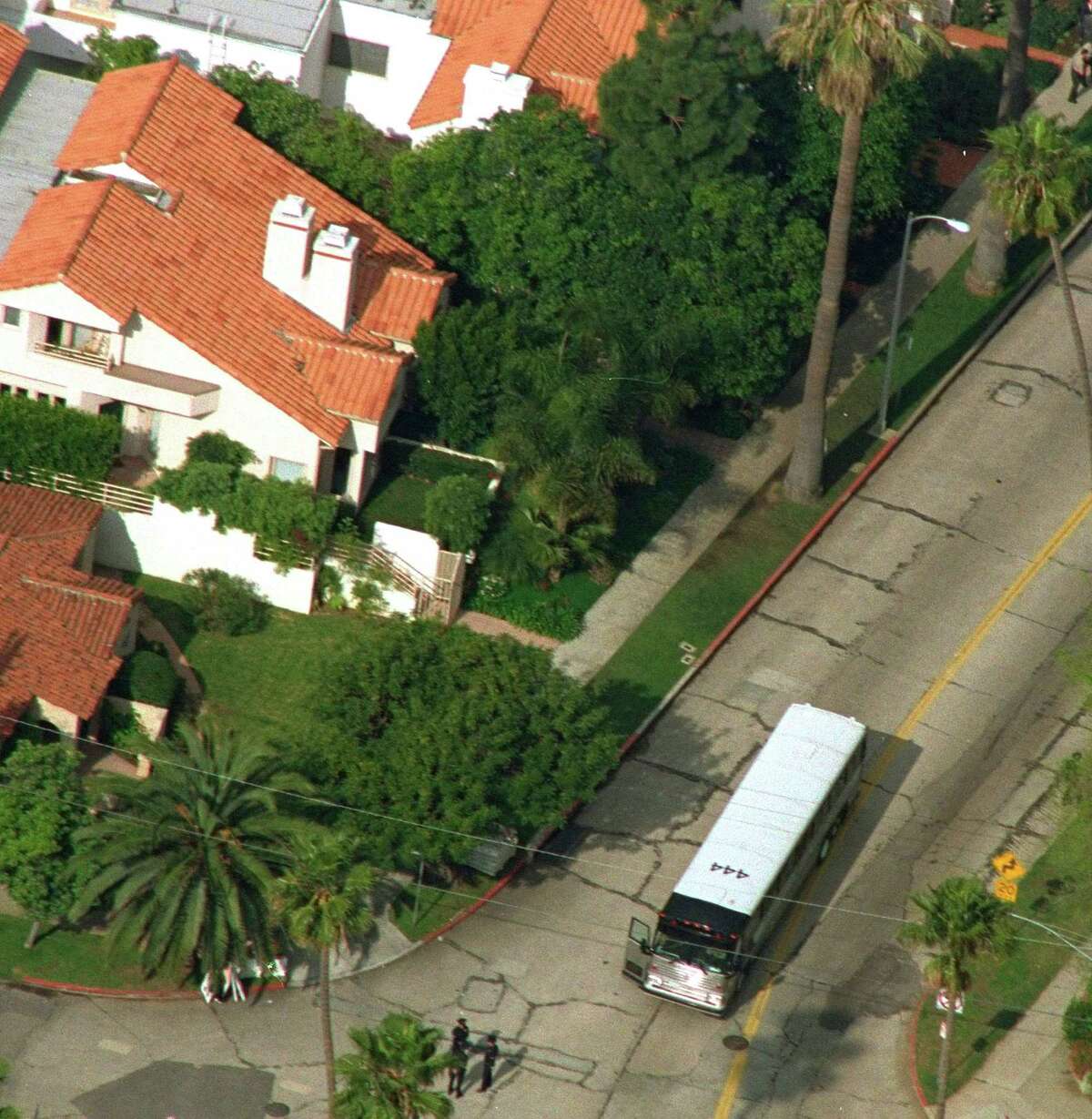 FILE: An aerial view shows Nicole Brown Simpson's condo, top with two chimneys, during a visit by principals in the O.J. Simpson double-murder trial on Bundy Drive in the Brentwood area of Los Angeles Sunday, February 12, 1995. Detectives are investigating a knife purportedly found some time ago at the former home of O.J. Simpson, who was acquitted of murder charges in the 1994 stabbings of his ex-wife Nicole Brown Simpson and her friend Ron Goldman, Neiman said Friday. (AP Photo/Mark J. Terrill)