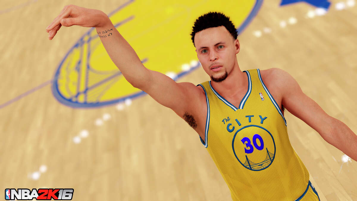 The virtual Stephen Curry of the Golden State Warriors shoots in the video game “NBA 2K16,” but Curry’s real-world skills go beyond what the game can allow.