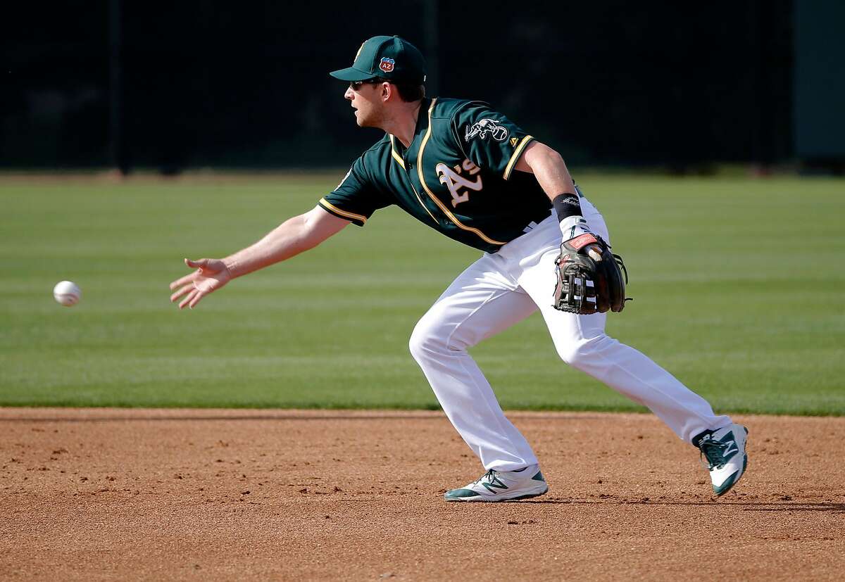 Infielder Jed Lowrie tosses to second base during drills at the A’s 2016 spring training.