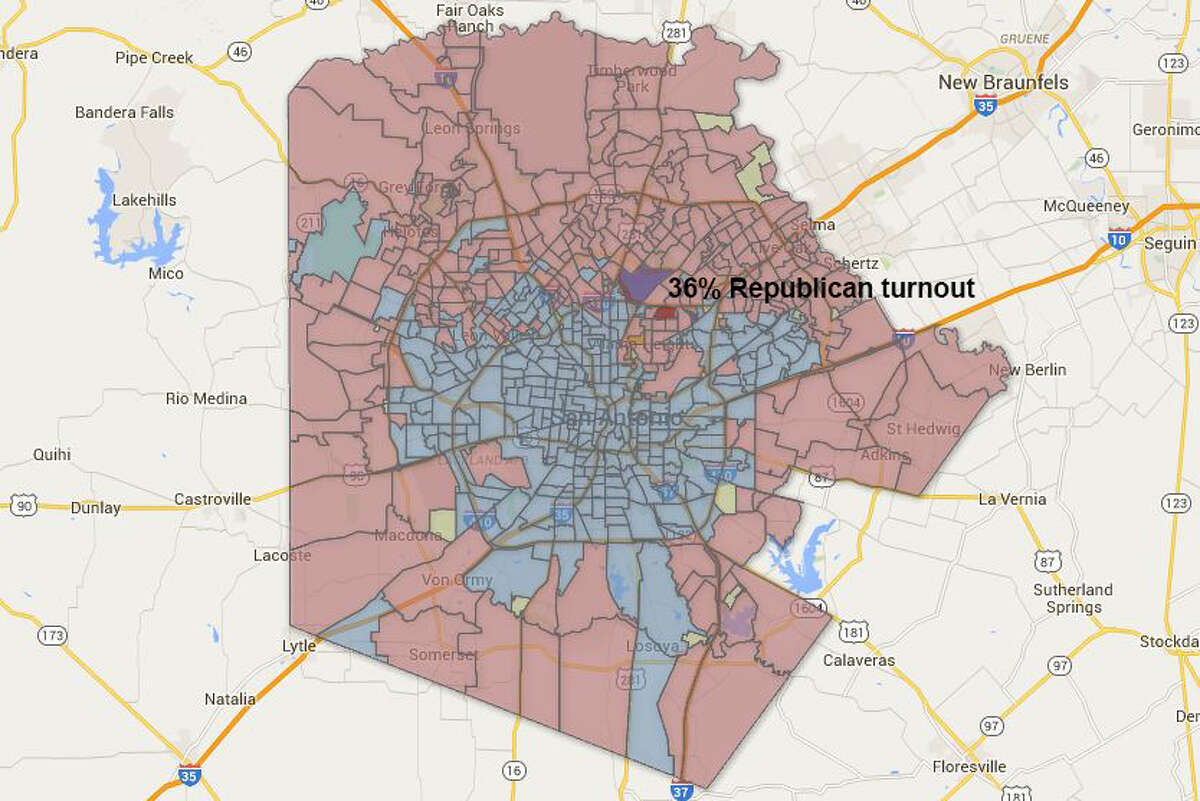 Precinct: 3049Total ballots: 977Republican turnout: 36%Democratic turnout: 12%Precincts highlighted in red represent those with the biggest Republican turnouts, while precincts in blue represent those with the biggest Democratic turnouts.