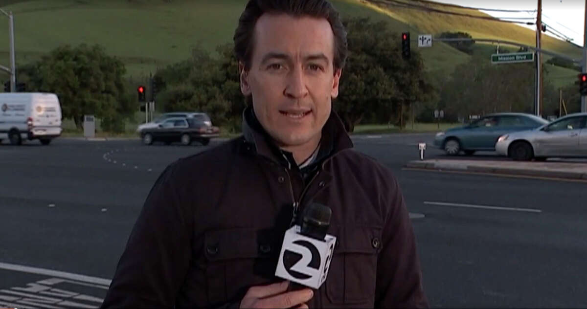 KTVU reporter Alex Savidge narrowly avoided being hit by a car that drove right through their live report Tuesday morning, March 8, 2016.