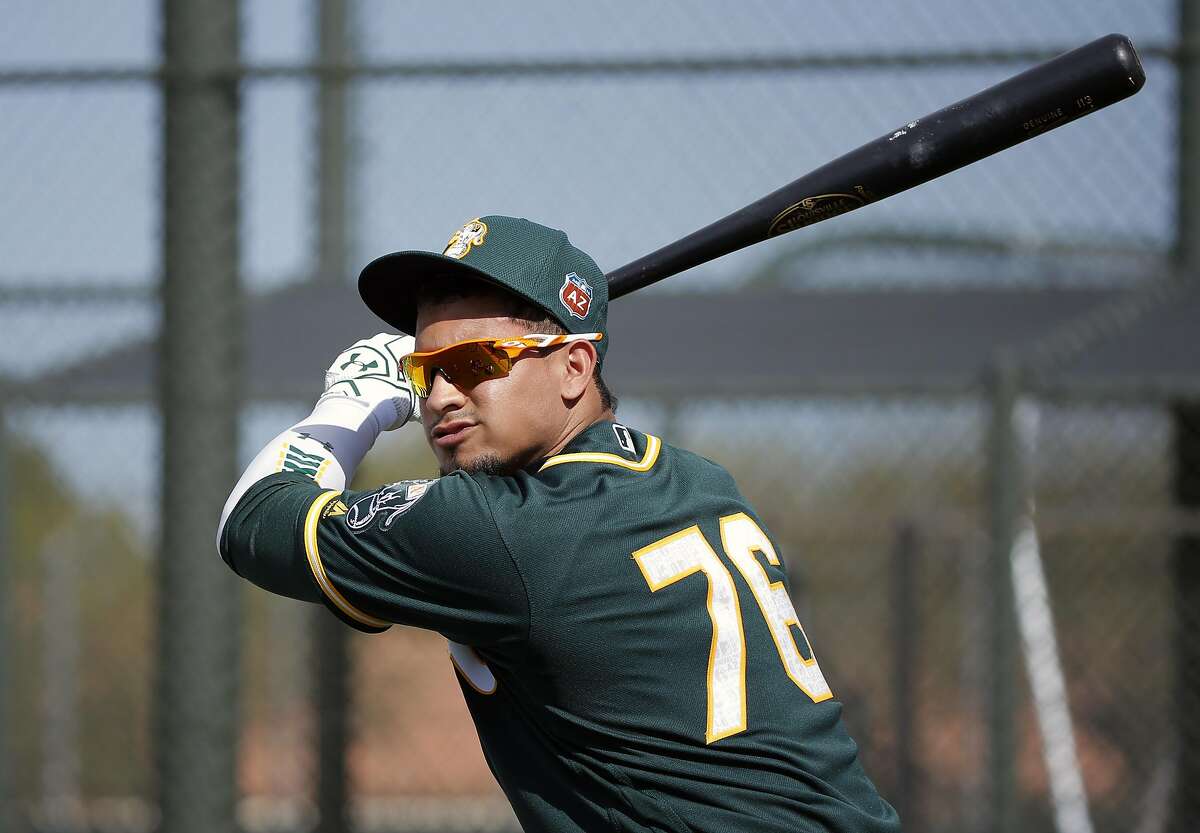 Franklin Barreto, 76 gets ready for batting practice during Oakland Athletics spring training workouts at the Lew Wolff Training Complex in Mesa, Arizona on Saturday February 27, 2016.