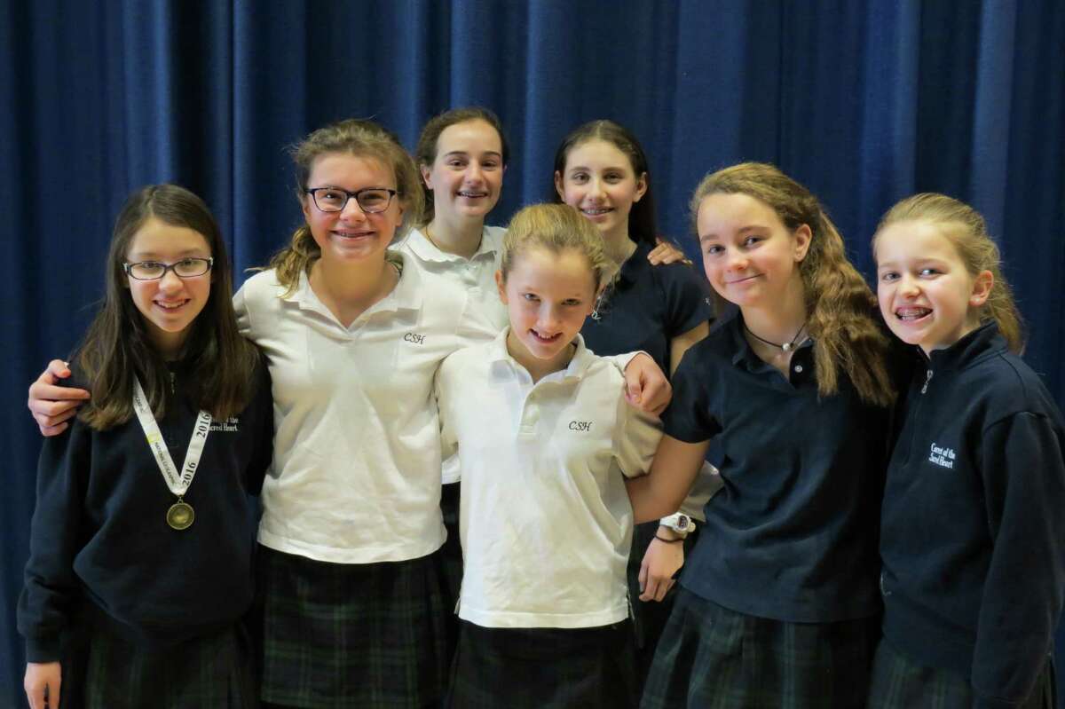 Sacred Heart’s finalists school National Geographic Bee participants: From left, Vanessa Torres who will represent the school in the state Bee), Libby Kaseta, Christine Plaster, Charlotte Marvin, Daniella Tocco, Elie Skinner and Kasey Calacci. Belle Broll not pictured.