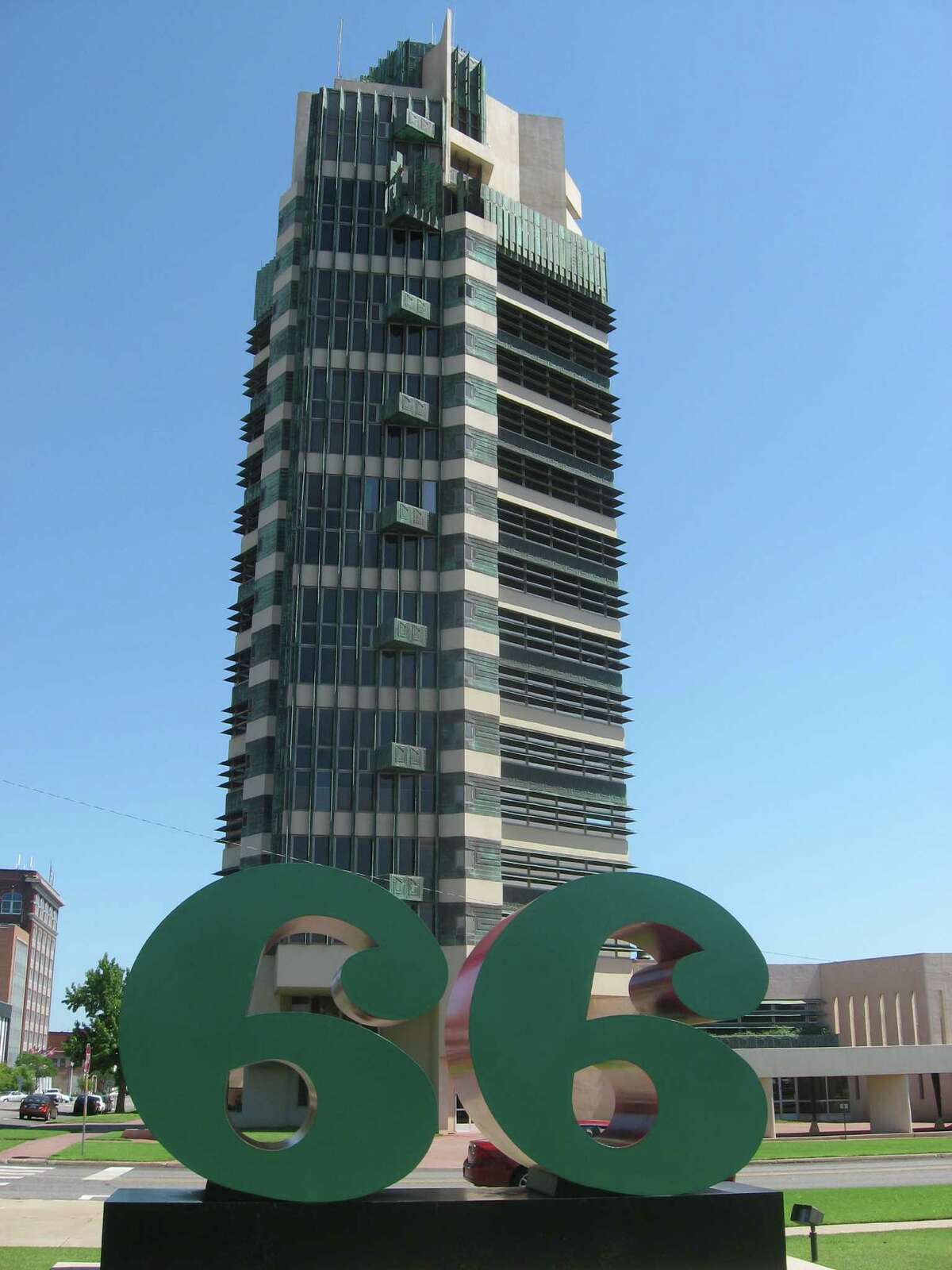 The Price Tower in Bartlesville, Oklahoma, is 19 stories tall and includes many of architect Frank Lloyd Wright’s signature design touches.
