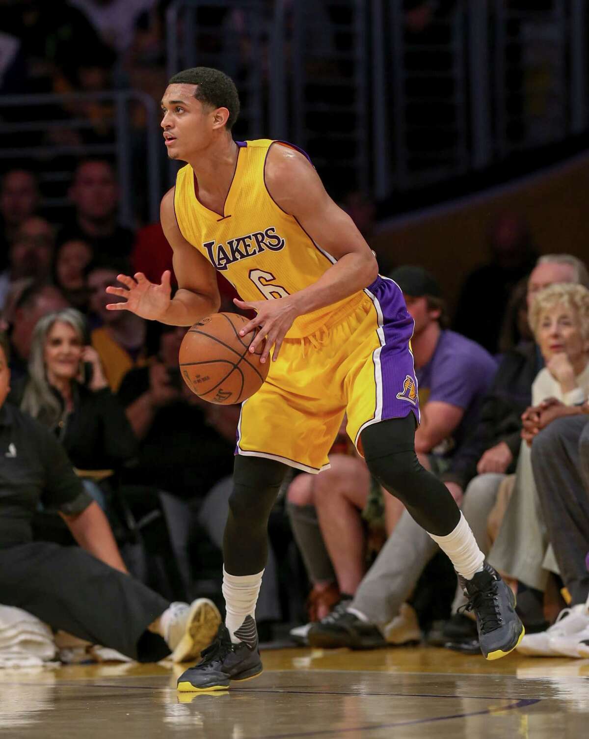 Los Angeles Lakers guard Jordan Clarkson (6) in actions during the first half of an NBA basketball game against Orlando Magic Tuesday, March 8, 2016, in Los Angeles.