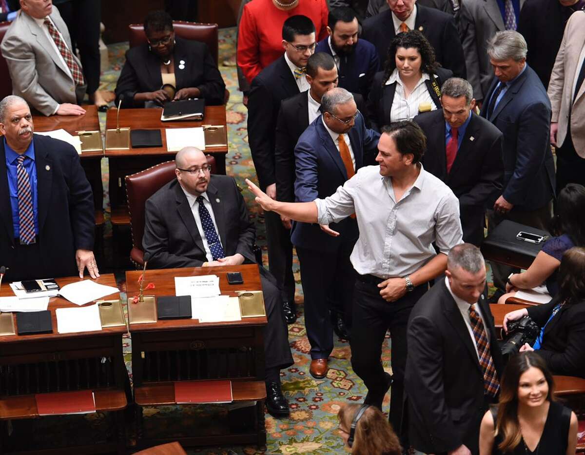 Hall of Fame 2016 inductee Mike Piazza visits the state Senate chamber Wednesday where lawmakers planned to honor the former New York Mets catcher with a resolution. (Skip Dickstein / Times Union)