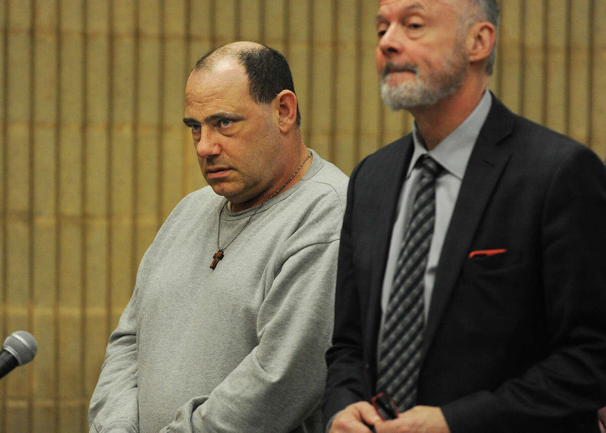 Accused in the Shelton murder of his wife, Thomas Infante appears with his lawyer John Gulash in Superior Court in Milford, Conn. on Wednesday, March 9, 2016.