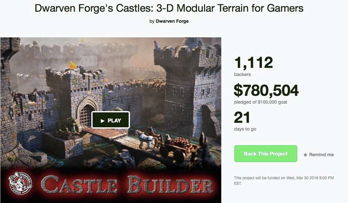 3D Castle builder Location: WestportFunds sought: $100,000Description: "Build the ultimate castle! Hand painted walls, towers, ramparts, rocky cliffs -- all modular for the most amazing game every time."Read more on kickstarter.com (Screenshot taken on 3/9/16)