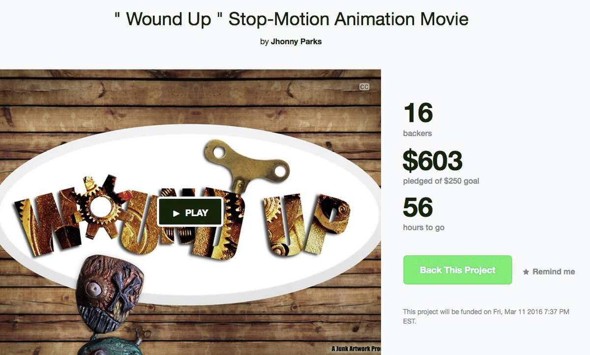 Stop-motion animation movie Location: BethelFunds sought: $250Description: "Junk artwork is a group of local artist from the Connecticut are that came together and decided to make a 'stop and go animation' movie named 'Wound UP.'"Read more on kickstarter.com(Screenshot taken on 3/9/16)
