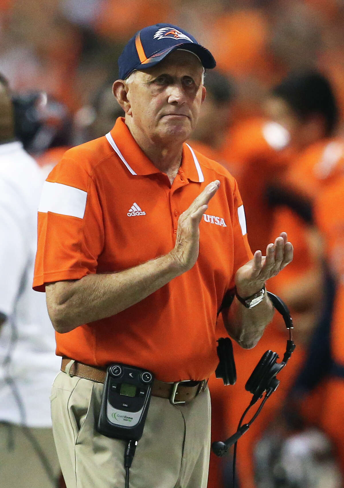 Larry Coker encouages his players as UTSA hosts Arizona in its home opener at the Alamodome on Sept. 4, 2014.
