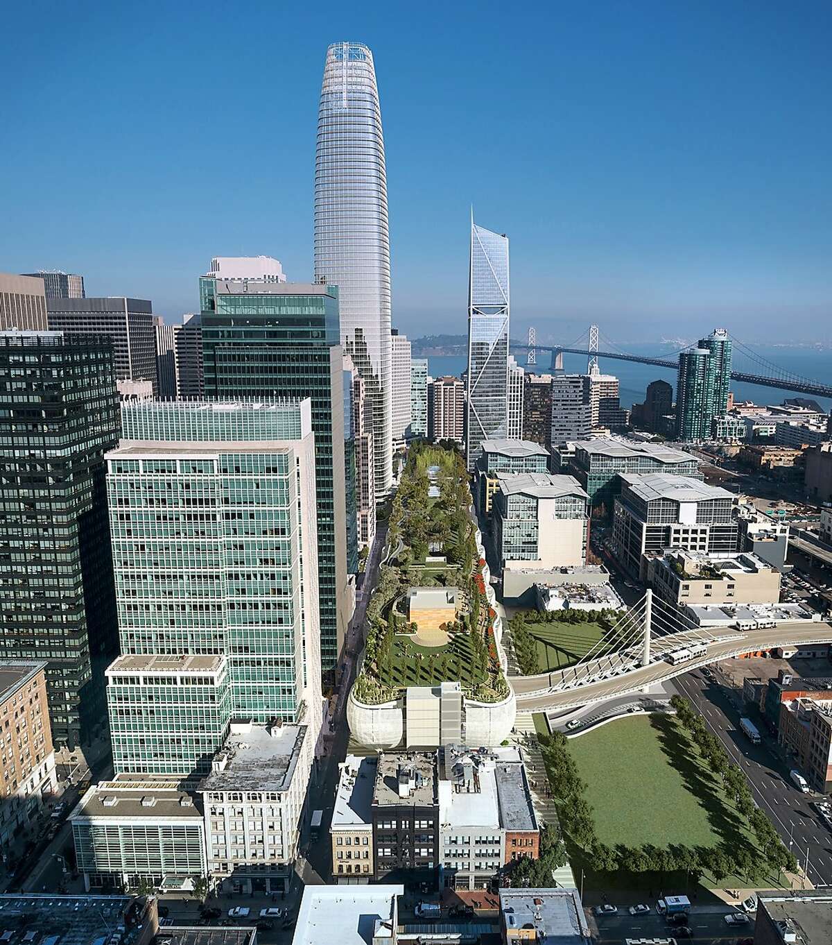 Overhead photo illustration of planned $2.2 billion Transbay Transit Center featuring a three-block-long roof garden. With project costs souring, San Francisco city officials plan to take control of the construction.
