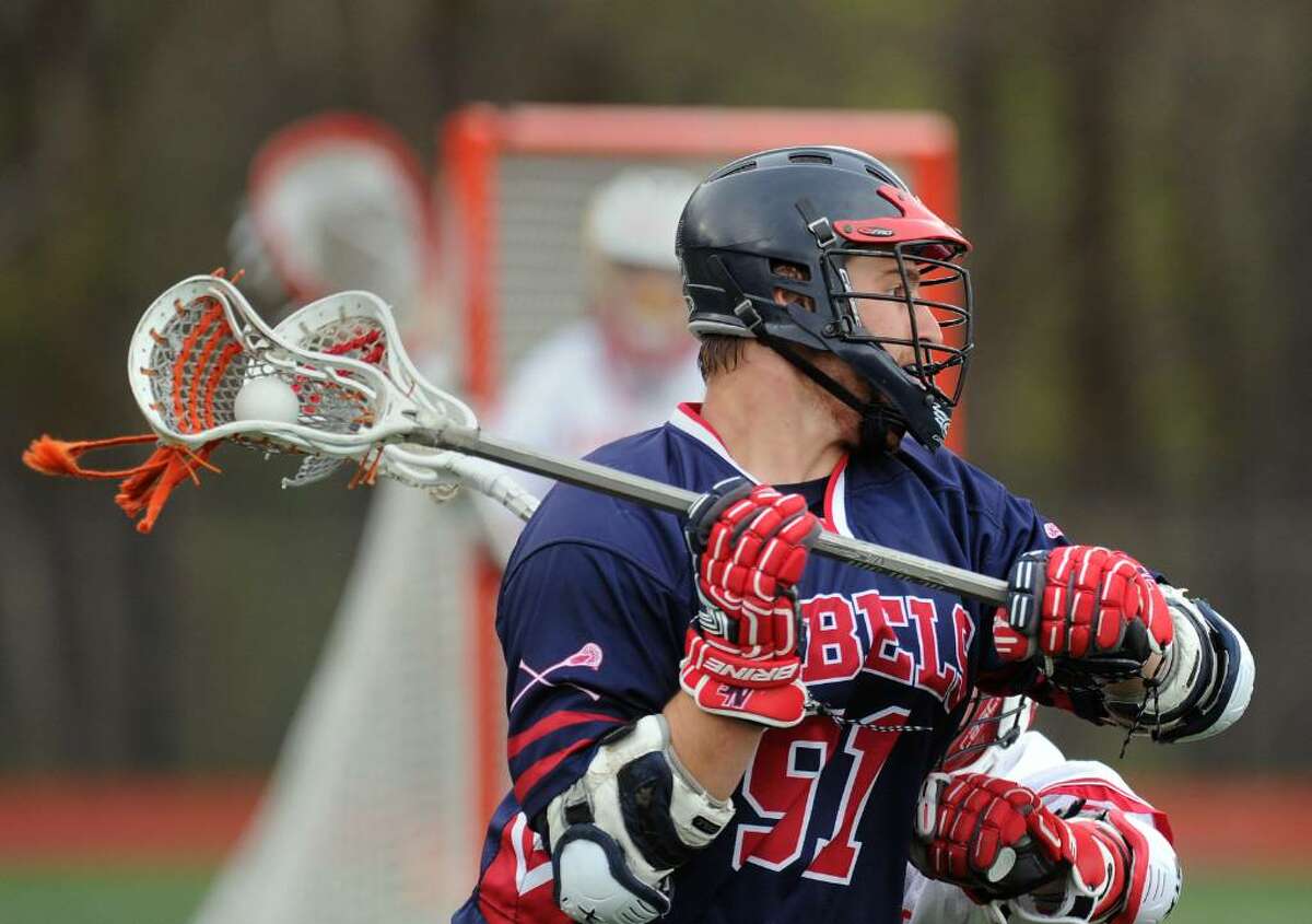 Max Blum, # 91 of New Fairfield High School on the attack against Greenwich High School, at GHS, April 9, 2010.