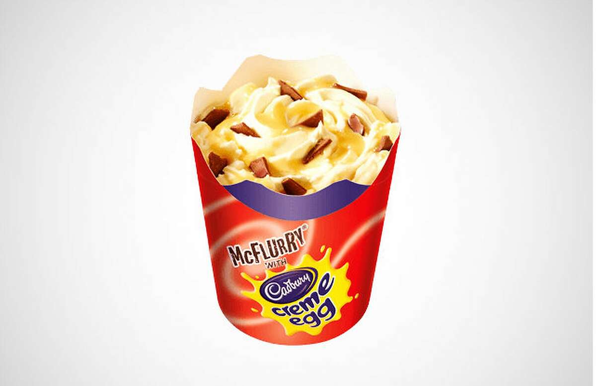 McDonald’s Cadbury Crème Egg McFlurry Our friends in Australia and the UK have the pleasure of getting first crack at this super-sweet ode to Easter. Here we have a marriage of soft-serve ice cream, chocolate pieces, and Cadbury Crème Egg topping – amounting to a whopping to a 54.4 grams of sugar. Diabetes never tasted so good. 