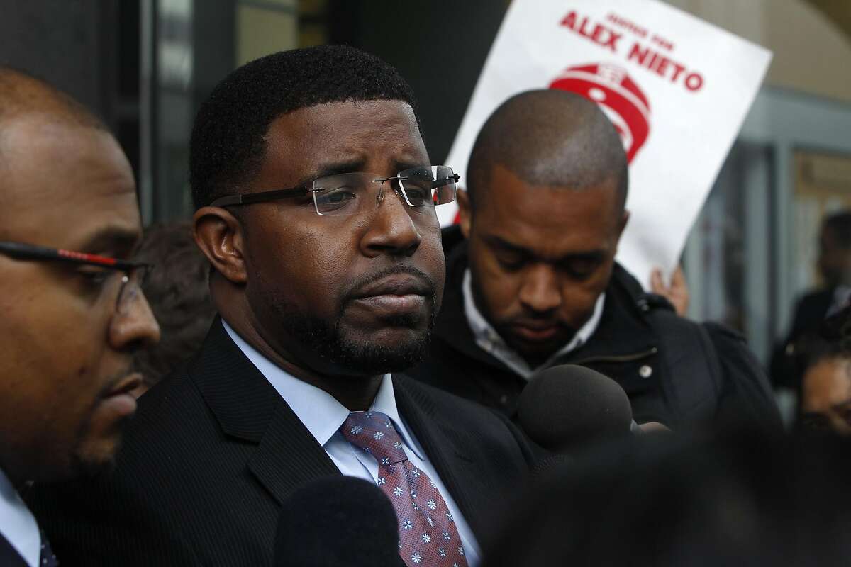 Adante Pointer, the lawyer of Nieto's parents, speaks to the press at the San Francisco Federal Courthouse on March 10, 2016 after the verdict of Not Guilty for the federal civil rights trial. The trial covered conflicting versions of what happened when four officers shot and killed 28-year old Alex Nieto at Bernal Heights Park on March 21, 2014.