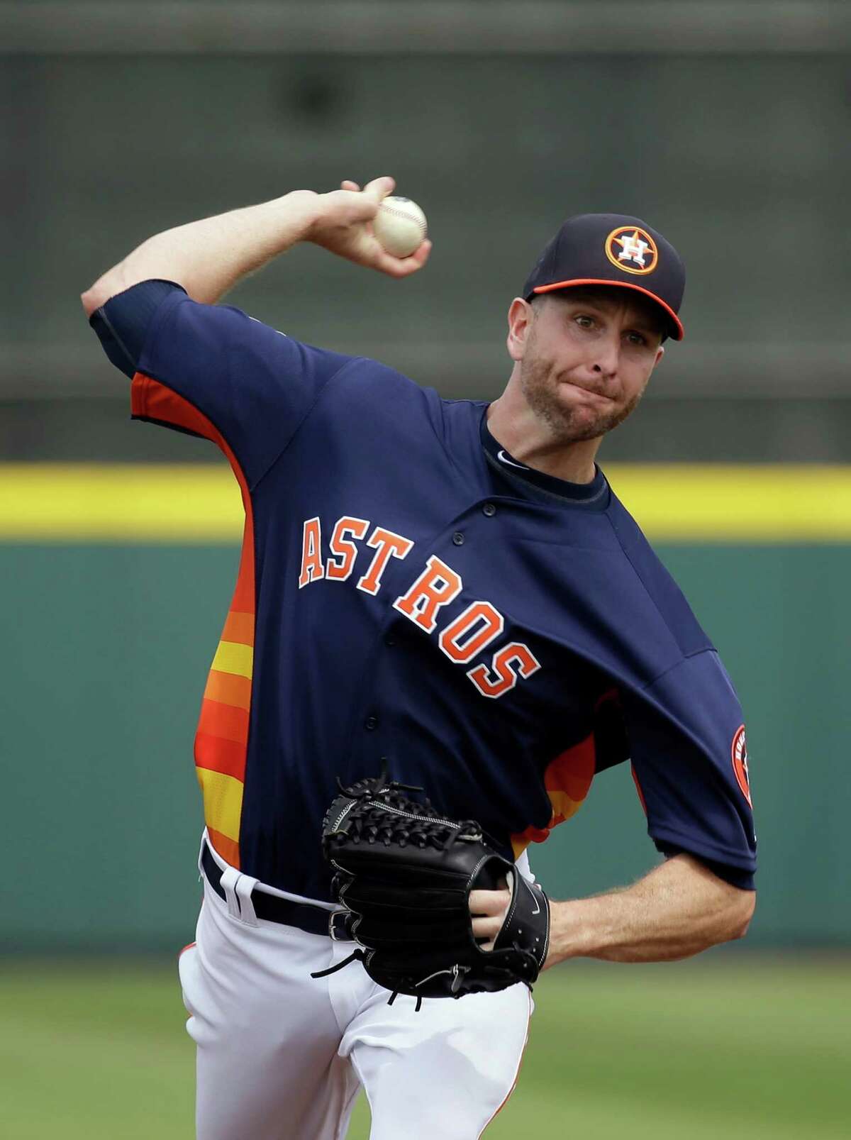 Houston Astros' Scott Feldman pitches against the Detroit Tigers in the first inning of a spring training baseball game, Friday, March 11, 2016, in Kissimmee, Fla.