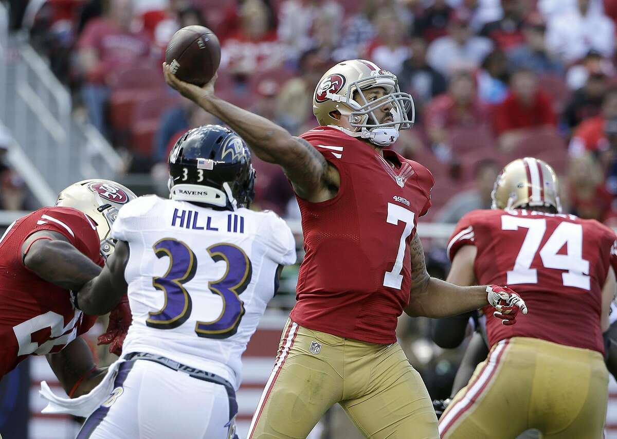 San Francisco 49ers quarterback Colin Kaepernick (7) is tackled by