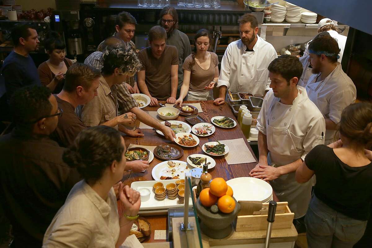 Nopa staff join owner/chef Laurence Jossel (top right) at Nopa in San Francisco, California, to taste tonight's menu on tuesday, march 8, 2016. Nopa is celebrating it's tenth anniversary.