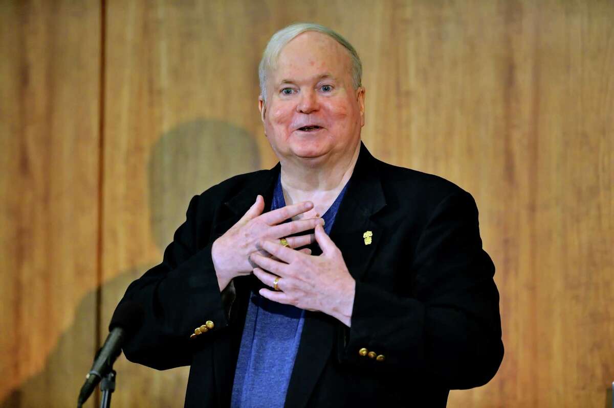 FILE - In this May 16, 2014, file photo, author Pat Conroy speaks to a crowd during a ceremony at the Hollings Library in Columbia, S.C. Conroy, whose best-selling novels drew from his own sometimes painful experiences and evoked vistas of the South Carolina coast and its people, has died at age 70. Todd Doughty, executive director of publicity at publisher Doubleday, says Conroy died Friday evening, March 4, 2016, at his home in Beaufort surrounded by family and loved ones. (AP Photo/ Richard Shiro, File)