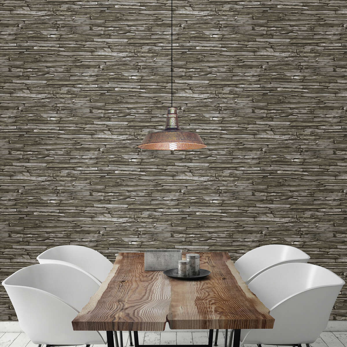 View of Industrial-chic wallpaper makes the new look old