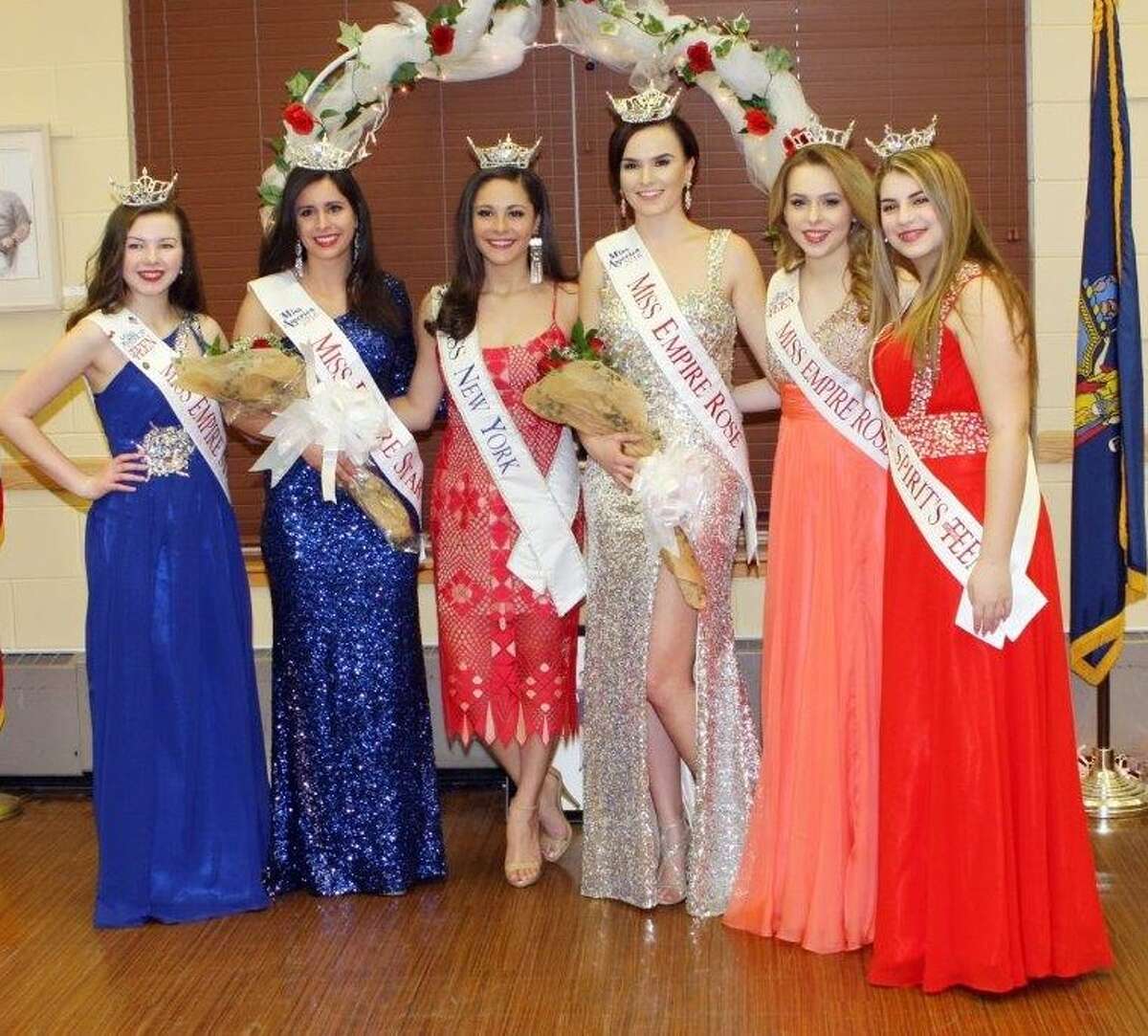 These are the results of a local pageant connected with the Miss America organization, held in Clifton Park on March 5. From left are Miss Empire Star's Outstanding Teen: Katie Manuel; Miss Empire Star Emily Drooby from Guilderland; Miss New York Jamie Macchia; Miss Empire Rose Amanda Abdagic from Utica; Miss Empire Rose's Outstanding Teen Haley Curtiss; Miss Empire Spirit Outstanding Teen Dominique Bianco. The pageant director is Janet Murphy