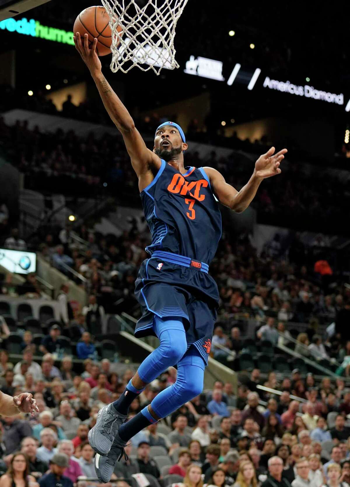 Oklahoma City Thunder's Corey Brewer shoots during the first half of the team's NBA basketball game against the San Antonio Spurs, Thursday, March 29, 2018, in San Antonio. (AP Photo/Darren Abate)