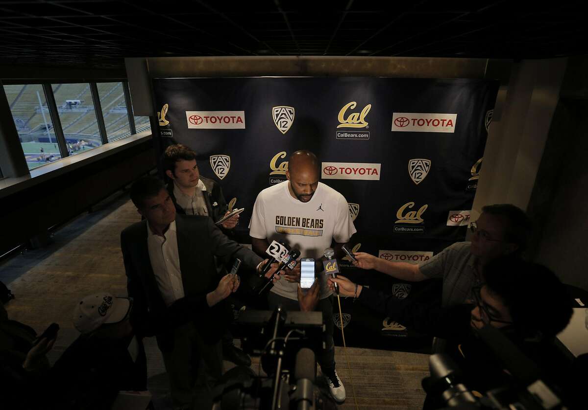 Head coach Cuonzo Martin speaks to gathered media after the Cal men's basketball team watched the NCAA men's basketball tournament selection show in Memorial Stadium in Berkeley, Calif., on Sunday, March 13, 2016. The Bears earned a No. 4 seed to play against Hawaii in Spokane.