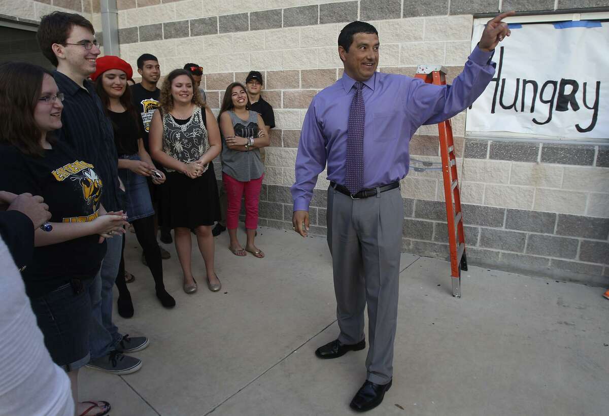 Rolando Toscano speaks with students at East Central High School in 2014, when he was principal there. Now he’s the district superintendent.