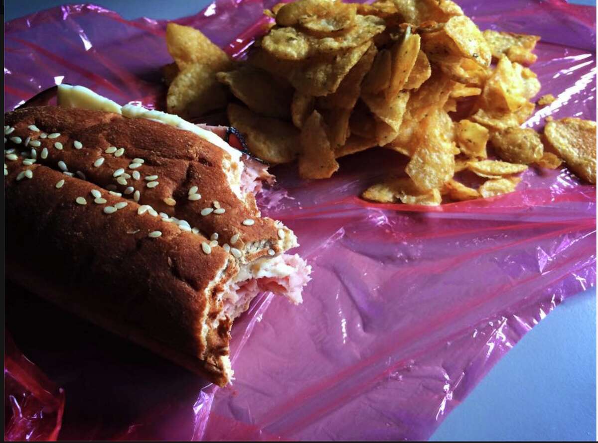Sandwich, chips and cellophane.