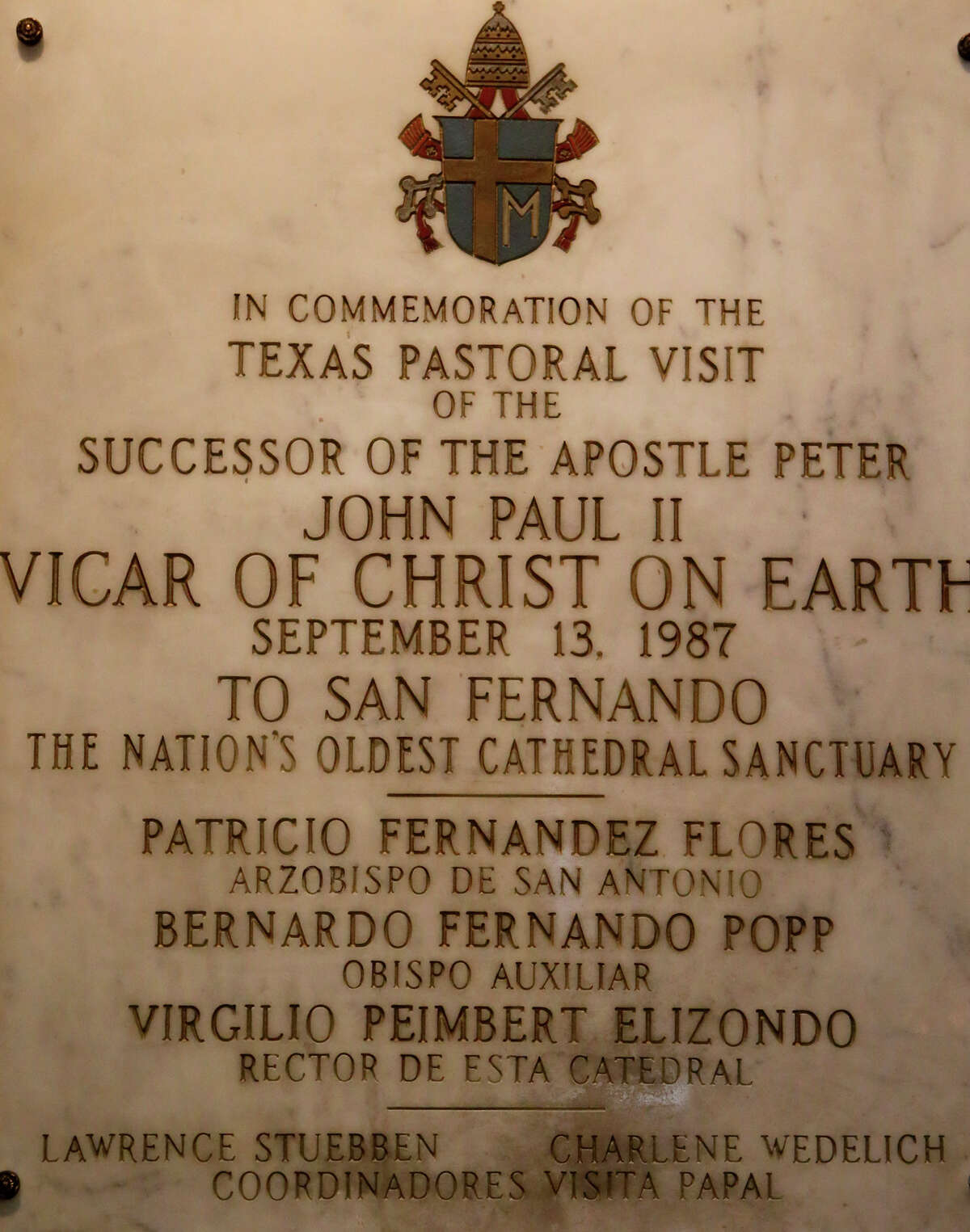 This plaque in San Fernando Cathedral from 1987 identifies Virgil Elizondo (lower) as the rector of San Fernando Cathedral when Pope John Paul II came to San Antonio. Renowned theologian Virgil Elizondo died Monday. A lawsuit was filed in Bexar County last May accusing him of sexually abusing an unidentified boy more than 30 years ago. Elizondo denied the allegation an vowed to prove his innocence.