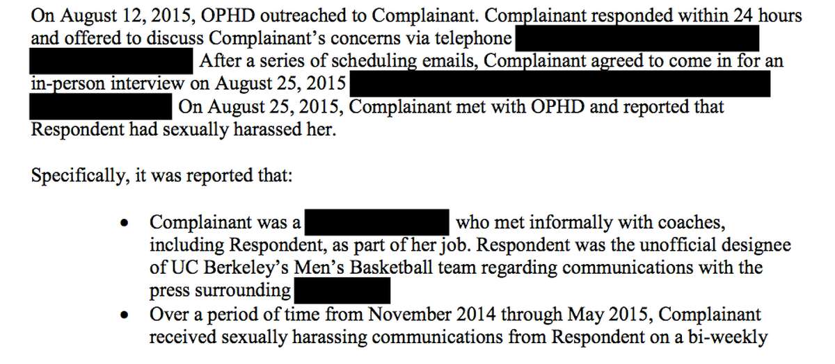 An excerpt from the sexual harassment investigation into the actions of former Cal men's basketball assistant coach Yann Hufnagel. 